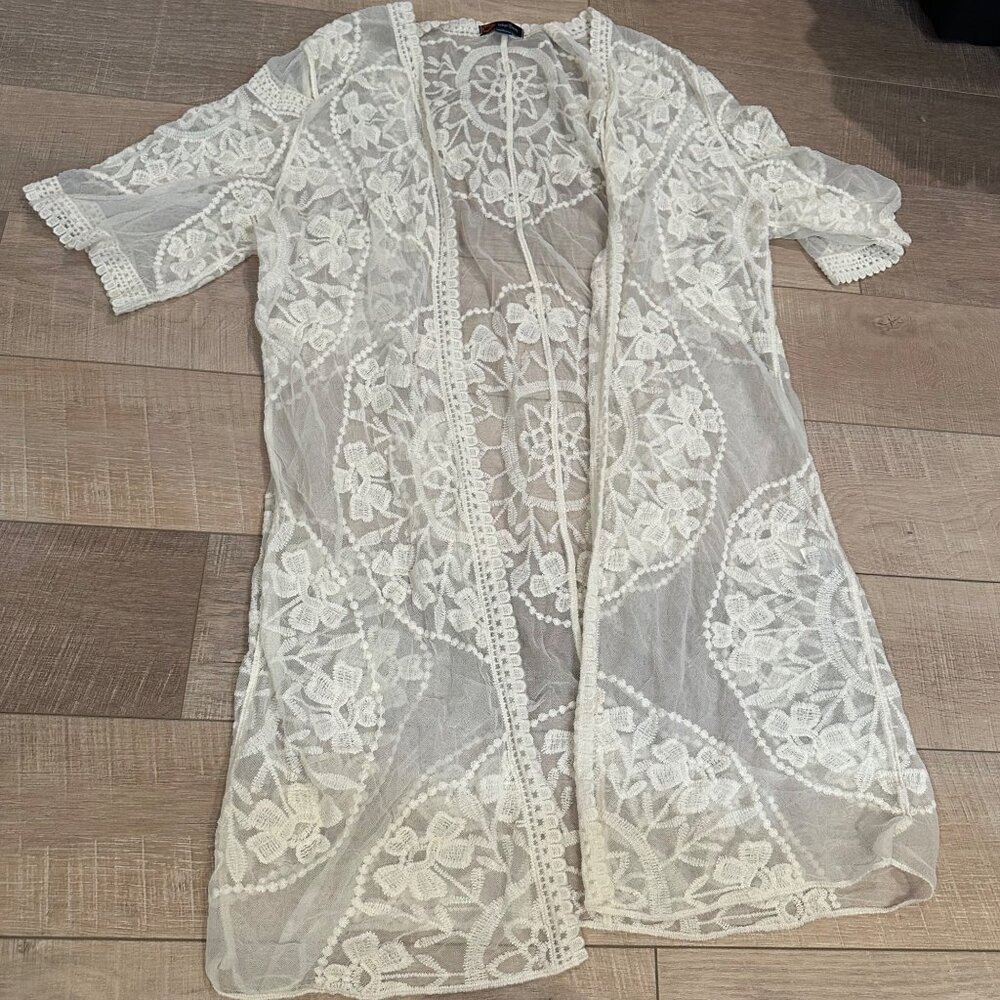 INDIGO POPPY WOMENS 3X WHITE LACE BOHO OPEN FRONT CARDIGAN KIMONO